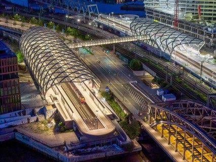 Aerial view of the Hamburg Elbbrücken U4 underground and S-Bahn station at blue hour, Hamburg,