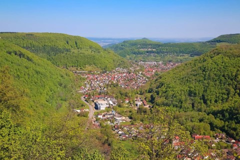 View from Lichtenstein Castle, view of the Echatztal valley, Honau, Unterhausen at the back,
