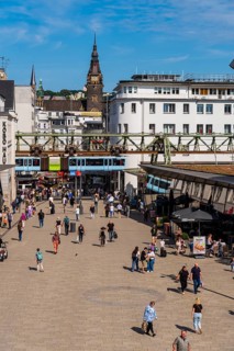 The Wuppertal suspension railway arrives at the Döppersberg stop in the city centre of Wuppertal,