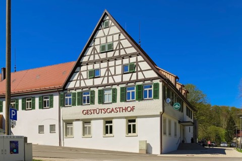 Gestütsgasthof near the stud farm and the Lauterquelle, catering, restaurant, building,