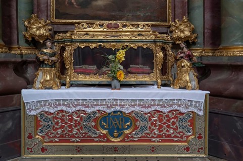Reliquary sarcophagus of St Lucianus, catacomb saint, Abbey Church of the Assumption of the Virgin