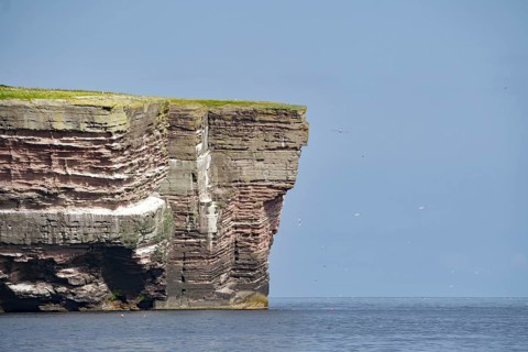 High cliff above the blue sea under a clear sky, Noss, Shetland Islands, Scotland, United Kingdom