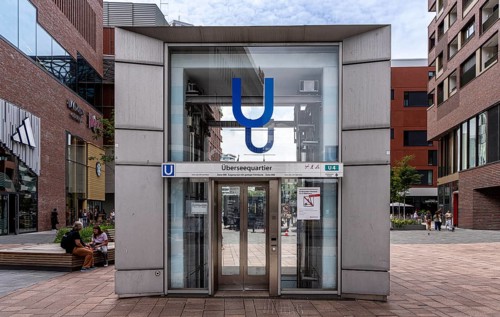 Access to Überseequartier underground station at Westfield Shopping Centre, Hamburg, Germany