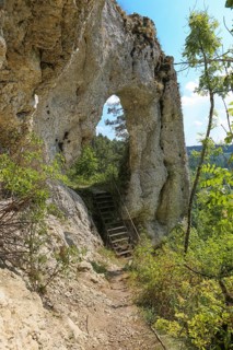 Teufelstorffelsen, Jura rock, gate-like breakthrough, stairs, natural monument between Gammertingen