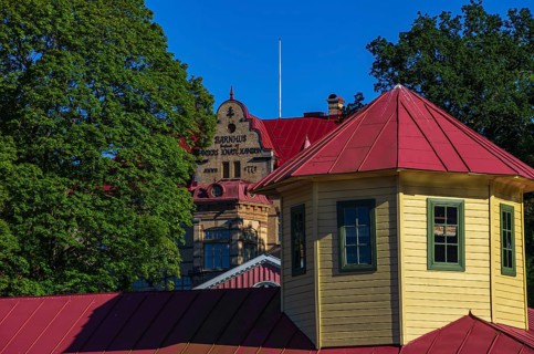 Former spa and bath building at Gustafsberg, a historic spa and bathing resort on the Byfjord in
