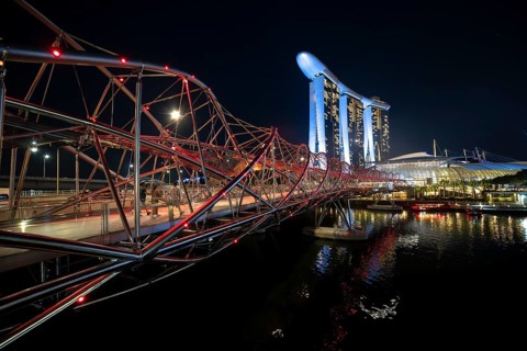 Helix Bridge, Marina Bay Sands Hotel in the background, Central Singapore District, Singapore