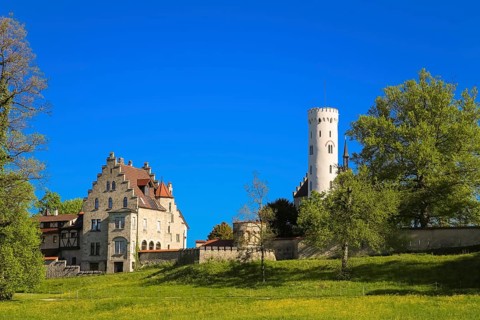Lichtenstein Castle, fairytale castle of Württemberg, romantic fairytale castle on the eaves of the