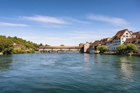 The historic wooden bridge over the Rhine was opened in 1816 and connects the German municipality