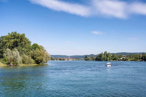 View over the Rhine, Hochrhein, on the horizon the town of Stein am Rhein, Canton Schaffhausen,