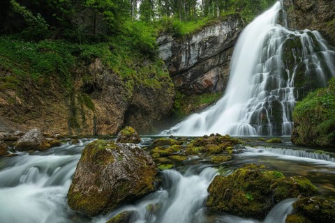 Summer nature experience at the Golling waterfall with lots of water, Golling an der Salzach,