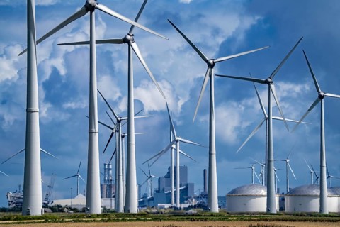 Wind farms Westereems and Growind, in the north of the Netherlands, near Eemshaven, energy centre,