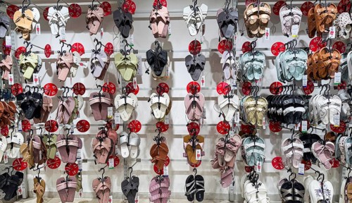 Sandals display at Zudio store in Guwahati, India, during a monsoon season sale on August 1, 2025