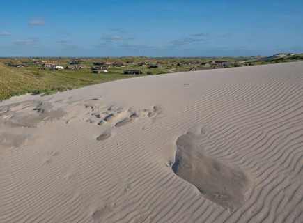 Dunes, wave pattern in the sand, holiday settlement, blue sky, Hvide Sande, North Sea, Denmark
