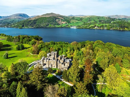 Wray Castle from a drone, Lake Windermere, Ambleside, Lake District, Cumbria, England, United