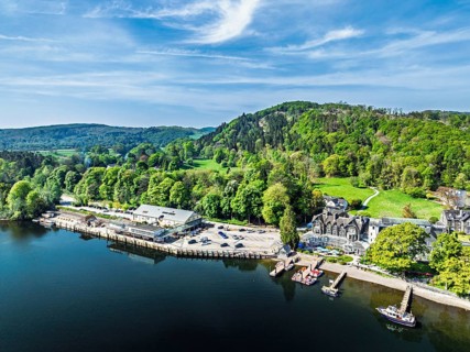 Windermere Lake from drone over Fell Foot Park, Lake District, Cumbria, England, United Kingdom