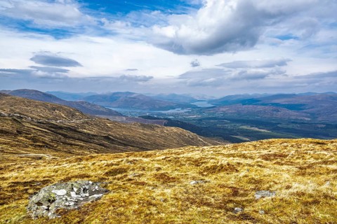 View from Nevis Range Mountains, Grampian Mountains, Fort William, Highland, Lochaber, Scotland, UK