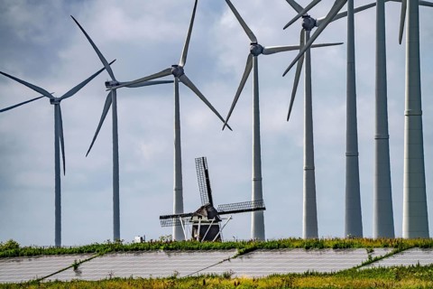 Westereems and Growind wind farms, over 80 wind turbines in total, at the seaport of Eemshaven,