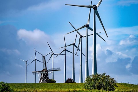 Westereems and Growind wind farms, over 80 wind turbines in total, at the Eemshaven seaport,