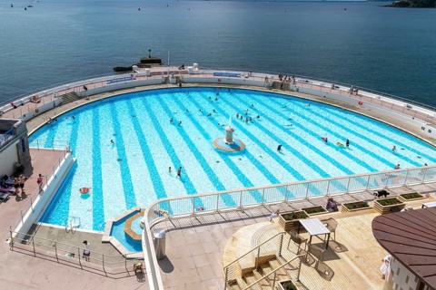 Seafront swimming pool on coast, Tinside lido, city of Plymouth, Devon, England, UK