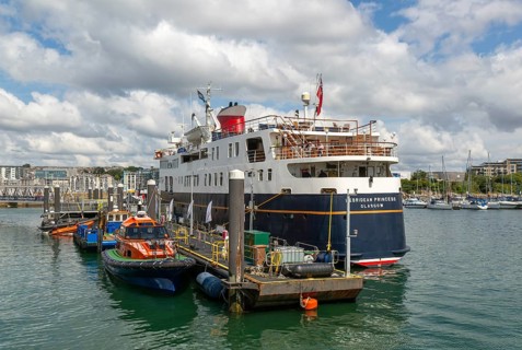 Hebridean Princess historic cruise ship vessel, Sutton Harbour, Plymouth, Devon, England, UK