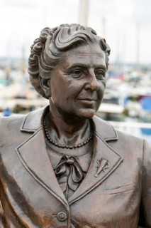 Bronze sculpture statue artwork Agatha Christie close up detail, Torquay, Devon, England, UK by