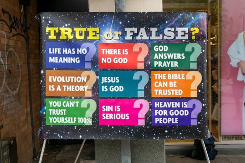 OAC Evangelists religious poster of questions about Christianity and God, Torquay, Devon, England,