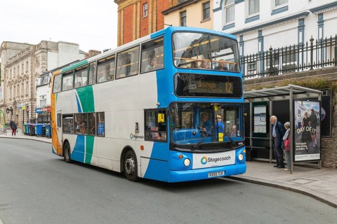 Dennis Trident Alexander ALX400 bus, Stagecoach double-decker service route 12 to Brixham, Torquay,