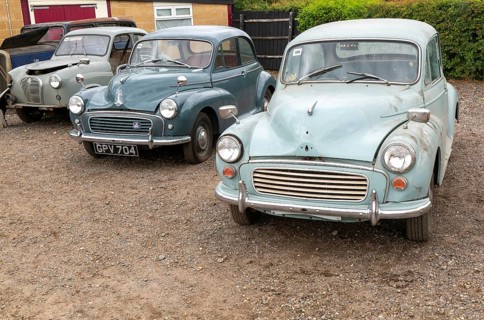 Morris Minor 1000 saloon cars late 1950s on display at auction, UK