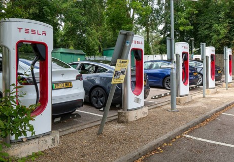 Charging point facility for Tesla electric vehicles at service station, M25 South Mimms services,