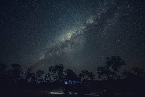 Milky Way in the Australian outback. Camping in a Landrover rooftop tent, Australia