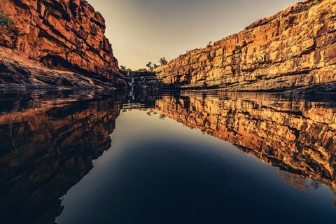 Bell Gorge waterfall, a body of water in north-west Australia in the Kimberley. Sunrise in the