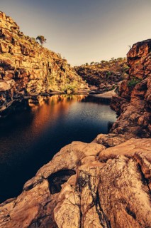 Bell Gorge waterfall, a body of water in north-west Australia in the Kimberley. Sunrise in the