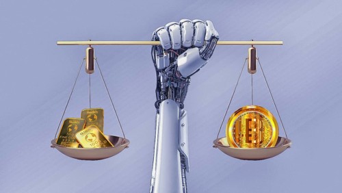Symbolic image, gold or bitcoin, insecure digital currency, bitcoin, gold as a reserve currency,
