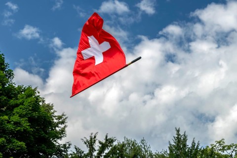 Swiss flag, Interlaken, Canton of Bern, Switzerland