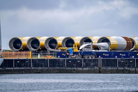 The seaport of Eemshaven, Julianahaven Basin, where the foundation structures, monopiles, for