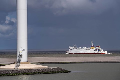 The North Sea car ferry Münsterland, departs from the ferry harbour of Eemshaven, in the Ems