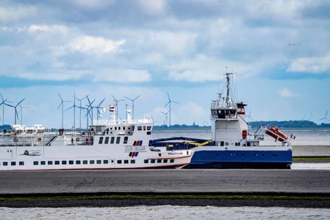 The North Sea car ferry Münsterland, arrives in the ferry harbour of Eemshaven, in the Ems estuary,