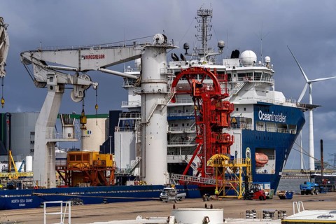 The seaport of Eemshaven, Julianahaven Basin, where the foundation structures, monopiles, for