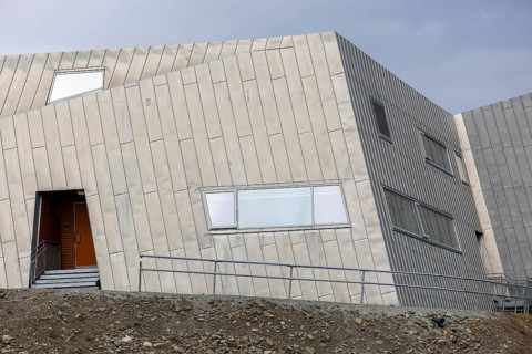 Sysselmesteren på Svalbard, silver facade, police building, Longyearbyen, Spitsbergen, Svalbard