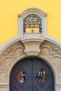 Portal with town coat of arms on the Old Town Hall at Neumarkt, Zschopau, Erzgebirge, Saxony,