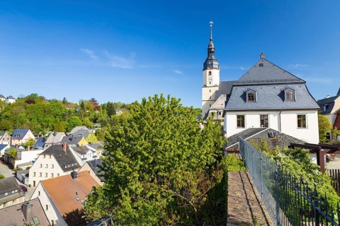 Town view from the town wall with St Martin's Church, Zschopau, Erzgebirge, Saxony, Germany