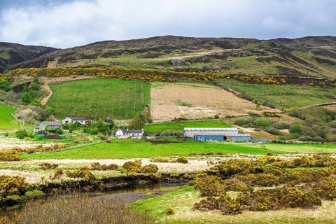 Farms over Loch Harport, Drynoch, Isle of Skye, Scotland, UK
