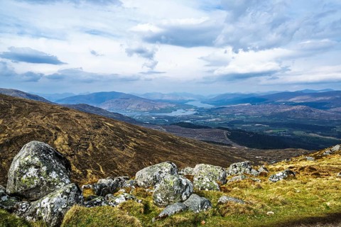 View from Nevis Range Mountains, Grampian Mountains, Fort William, Highland, Lochaber, Scotland, UK