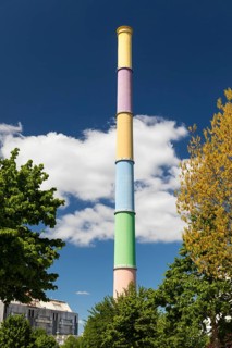 Art project by Daniel Buren, colourfully designed chimney at power plant Nord, also known as