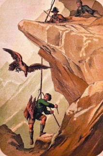 Nest robber at the eagle's nest in a rocky mountain landscape, young robber with knife, rope