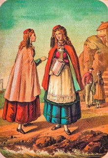 Icelandic woman in traditional traditional costume, headgear, apron, cloak, dress, holding paper in