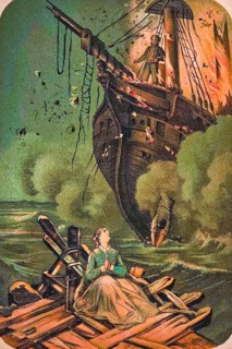 On the high seas, pirate's son saves young woman from drowning, shipwreck, destruction, pirate