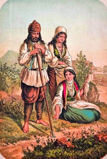 Bulgarian man and two woman working in the field, agriculture, farm, traditional clothing, smock,