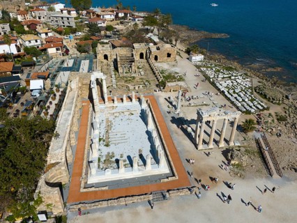 Ancient ruins near the coast with remains of a temple, historical ambience, aerial view, Temple of