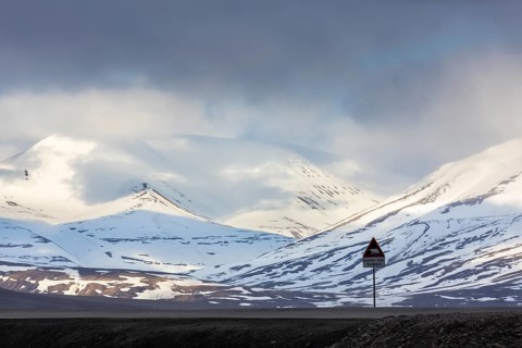 Traffic sign, warning of polar bears, Aventdalen, mountain with snow, Longyearbyen, Spitsbergen,